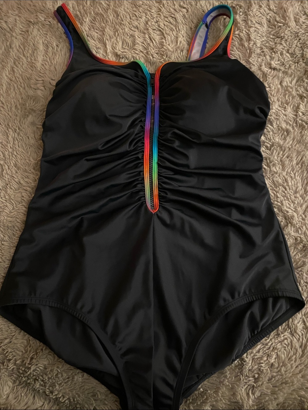 Black One-Piece Swimsuit with Rainbow Trim with front zipper Size  18.